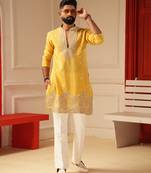 Yellow v_neck daman embroidered kurta for men sort kurta