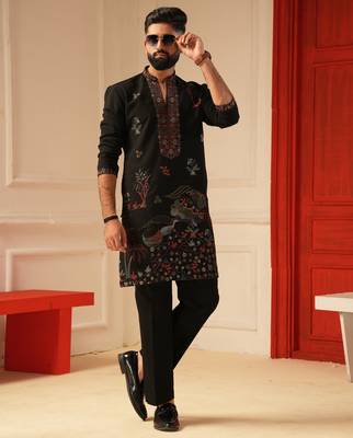 Black v_neck embroiderd kurta for men sort kurta 1