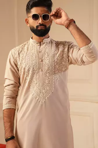 Pastel pitch beads embroiderd kurta for men sort kurta