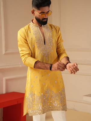 Yellow v_neck daman embroidered kurta for men sort kurta 2