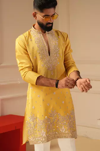 Yellow v_neck daman embroidered kurta for men sort kurta