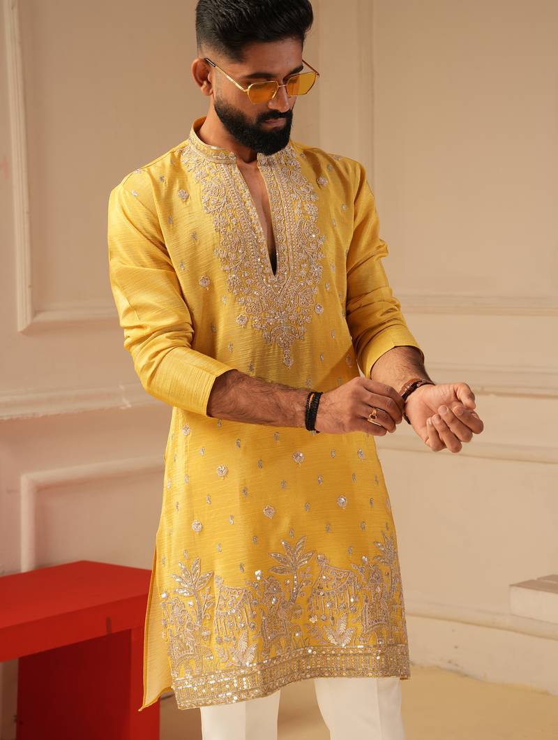 Yellow v_neck daman embroidered kurta for men sort kurta