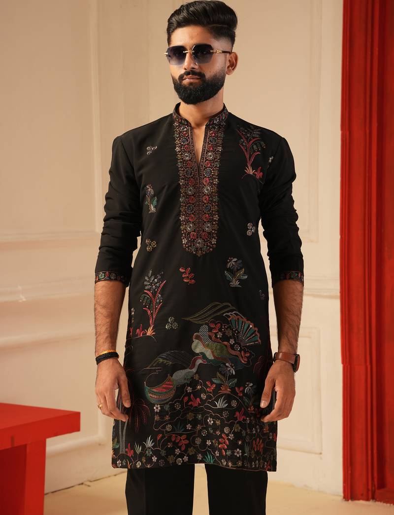 Black v_neck embroiderd kurta for men sort kurta