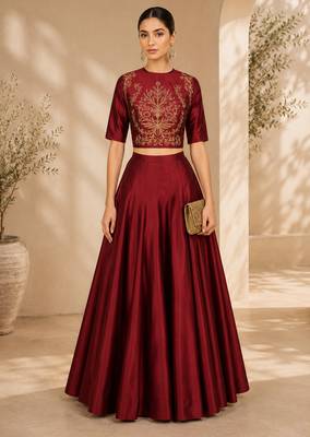 Maroon Silk Blend Plain Crop Top Lehengas 1
