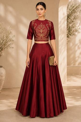 Maroon Silk Blend Plain Crop Top Lehengas