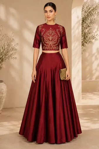 Maroon Silk Blend Plain Crop Top Lehengas