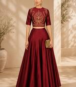 Maroon Silk Blend Plain Crop Top Lehengas