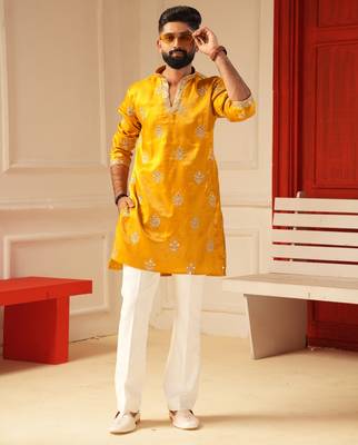 Yellow v_neck embroiderd kurta for men sort kurta 1