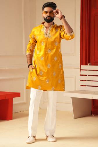 Yellow v_neck embroiderd kurta for men sort kurta