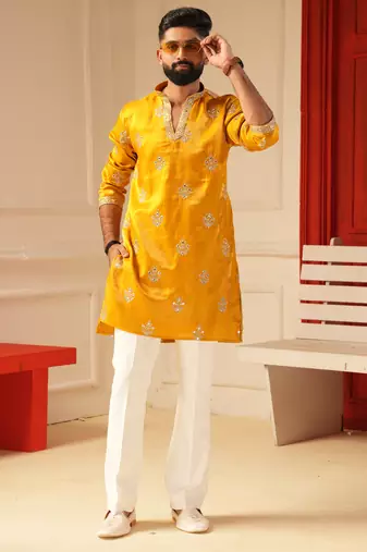 Yellow v_neck embroiderd kurta for men sort kurta