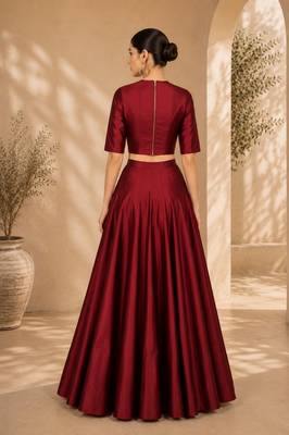 Maroon Silk Blend Plain Crop Top Lehengas 2