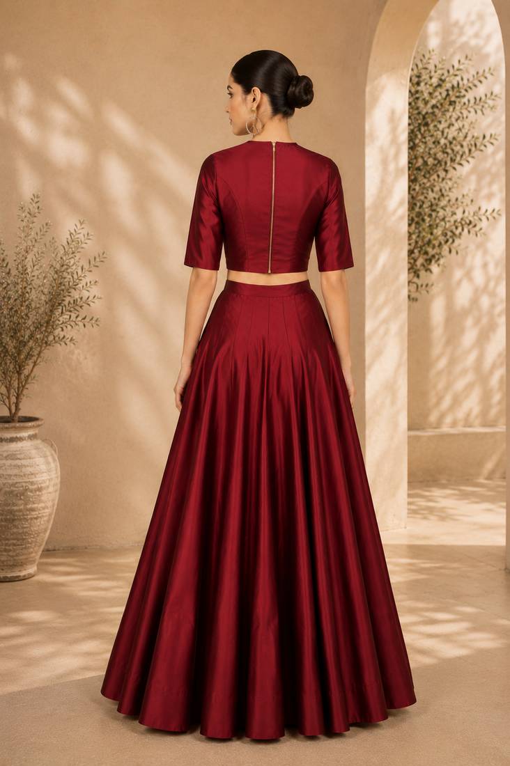 Maroon Silk Blend Plain Crop Top Lehengas