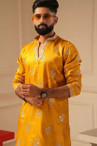 Yellow v_neck embroiderd kurta for men sort kurta