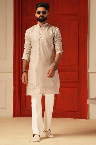 Pastel pink self embroiderd kurta for men sort kurta