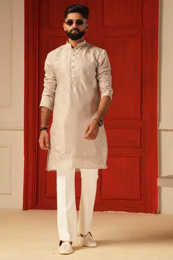Pastel pink self embroiderd kurta for men sort kurta