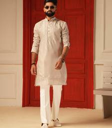 Pastel pink self embroiderd kurta for men sort kurta