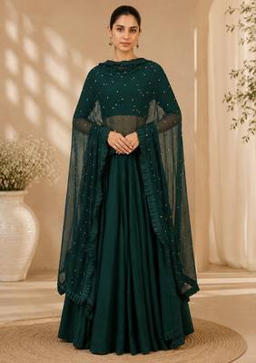Green Silk Blend Embroidered Crop Top Lehengas 1