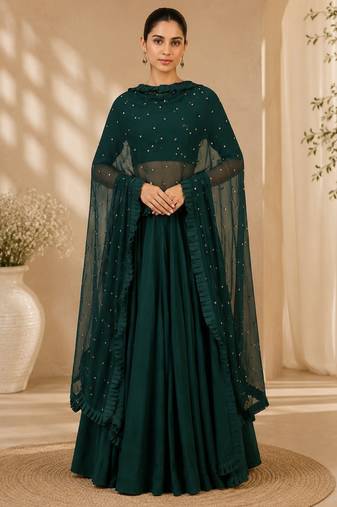 Green Silk Blend Embroidered Crop Top Lehengas