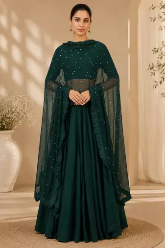 Green Silk Blend Embroidered Crop Top Lehengas