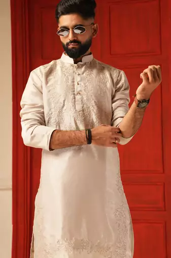 Pastel pink self embroiderd kurta for men sort kurta