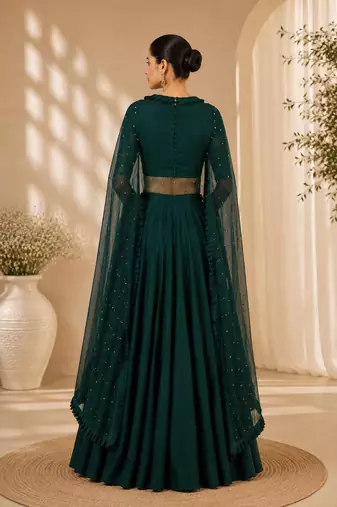 Green Silk Blend Embroidered Crop Top Lehengas