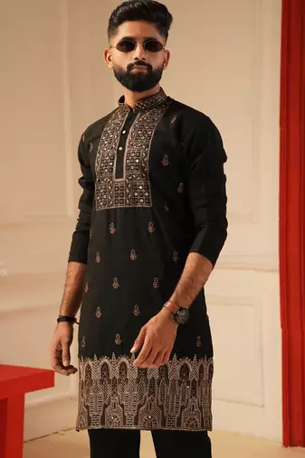 Black daman embroiderd kurta for men sort kurta