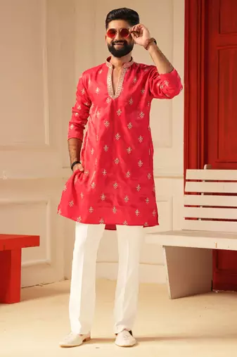 Rani pink v_neck embroiderd kurta for men sort kurta
