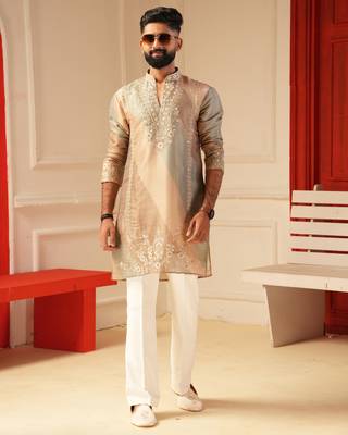 Beige v_neck beads embroiderd kurta for men sort kurta 1