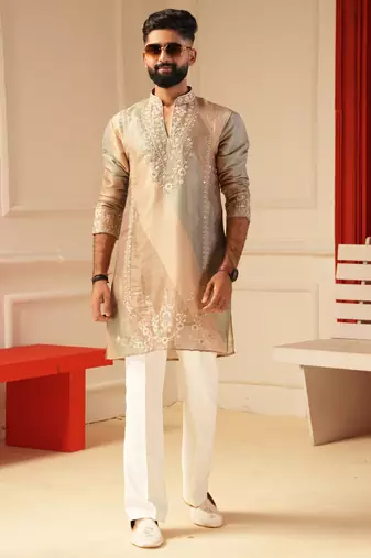 Beige v_neck beads embroiderd kurta for men sort kurta