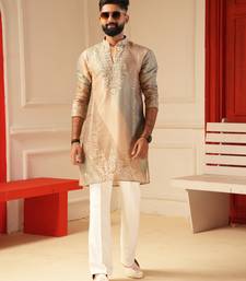 Beige v_neck beads embroiderd kurta for men sort kurta
