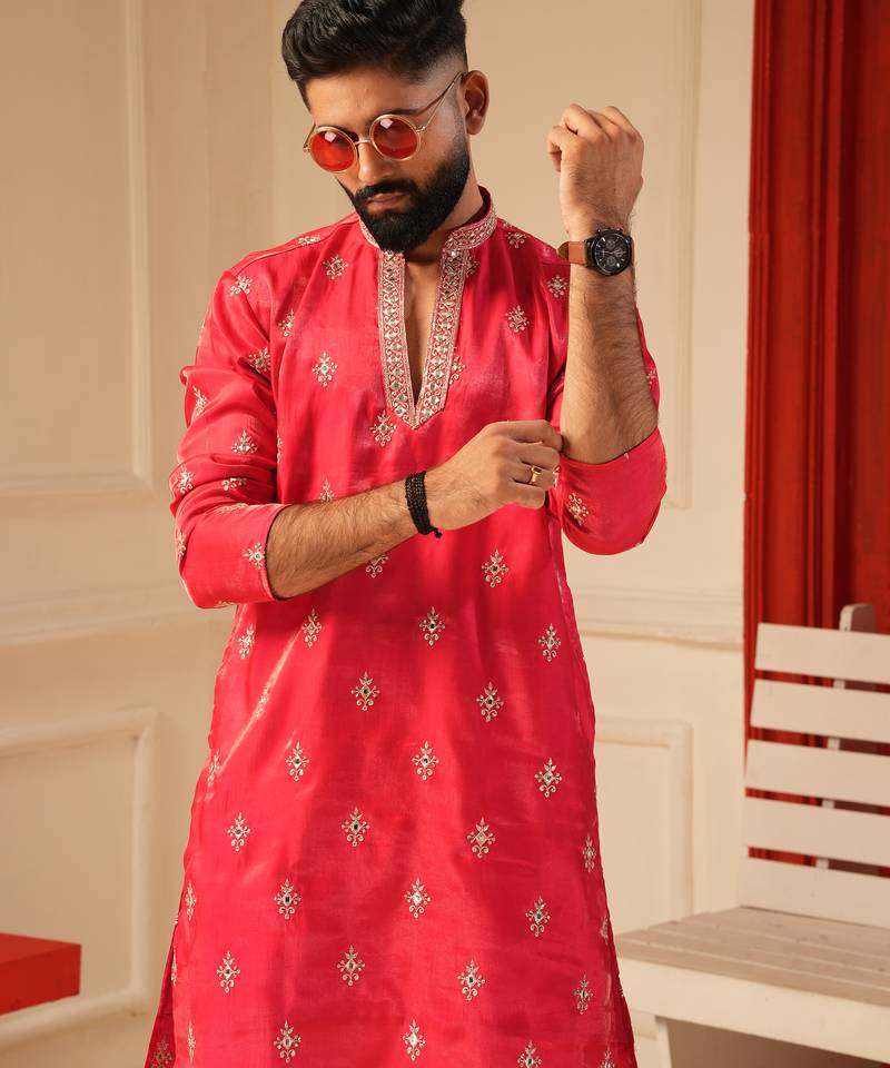 Rani pink v_neck embroiderd kurta for men sort kurta