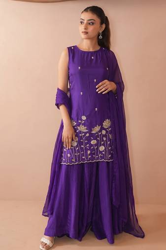 Women's Beautiful Embroidery Work French Crepe Fabric Straight Kurta Sharara and Dupatta Set