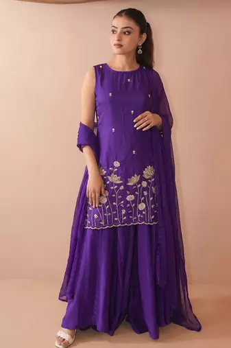 Women's Beautiful Embroidery Work French Crepe Fabric Straight Kurta Sharara and Dupatta Set