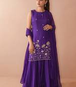 Women's Beautiful Embroidery Work French Crepe Fabric Straight Kurta Sharara and Dupatta Set