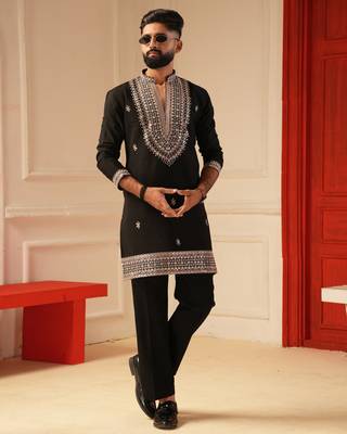 Black v_neck embroiderd kurta for men sort kurta 1