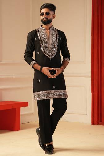 Black v_neck embroiderd kurta for men sort kurta