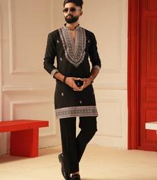 Black v_neck embroiderd kurta for men sort kurta