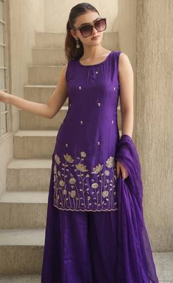 Women's Beautiful Embroidery Work French Crepe Fabric Straight Kurta Sharara and Dupatta Set 2