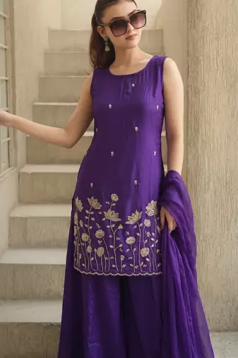 Women's Beautiful Embroidery Work French Crepe Fabric Straight Kurta Sharara and Dupatta Set