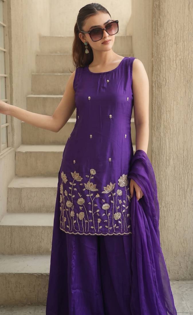 Women's Beautiful Embroidery Work French Crepe Fabric Straight Kurta Sharara and Dupatta Set