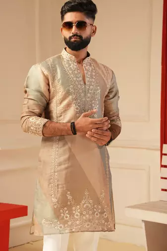 Beige v_neck beads embroiderd kurta for men sort kurta