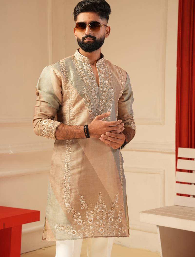 Beige v_neck beads embroiderd kurta for men sort kurta