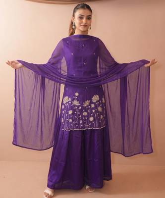 Women's Beautiful Embroidery Work French Crepe Fabric Straight Kurta Sharara and Dupatta Set 5