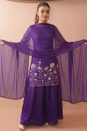 Women's Beautiful Embroidery Work French Crepe Fabric Straight Kurta Sharara and Dupatta Set