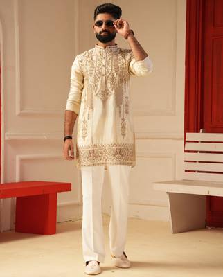 Cream embroiderd kurta for men sort kurta 1