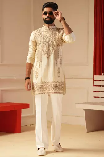 Cream embroiderd kurta for men sort kurta
