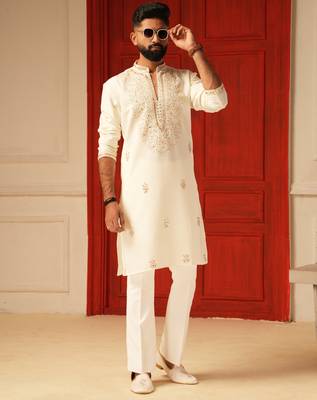 Cream v neck beads mirror embroiderd kurta for men 1