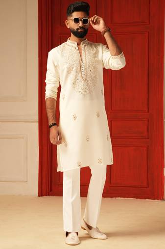 Cream v neck beads mirror embroiderd kurta for men