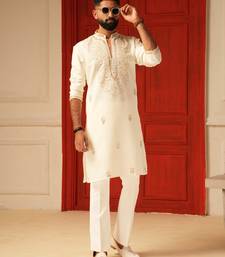 Cream v neck beads mirror embroiderd kurta for men