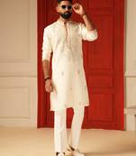 Cream v neck beads mirror embroiderd kurta for men